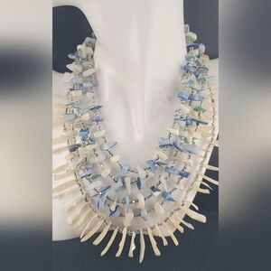 Vintage Japan Sea Shell Glass Bead Multi-Strand Bib Necklace Blue White